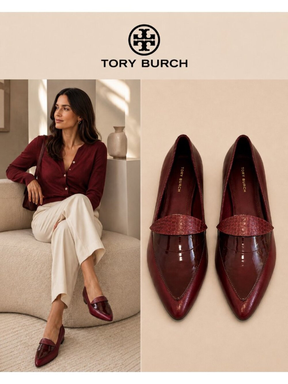 Tory Burch Burgundy Leather Pointed Toe Loafers Flats Women’s Size 9M